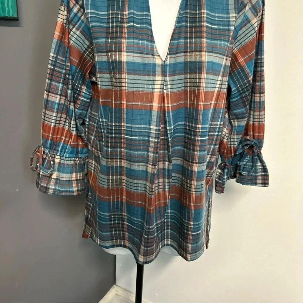 Women's Small Plaid V Neck Popover Flannel Shirt Bow‎ Colorful Cowgirl Autumn - Picture 10 of 14